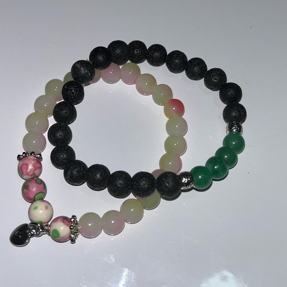 Lava Rock & Jade Beaded Bracelet Set – Rose Accent - Picture 2 of 3
